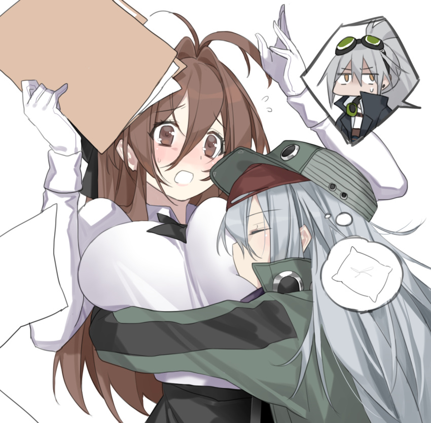 3girls, aek-999_(girls_frontline), ahoge, blush, breast_pillow, breast_rest, breast_squeeze, breasts, breasts_on_head, brown_hair, commentary_request, deathalice, eyebrows_visible_through_hair, female_commander_(girls_frontline), file, g11_(girls_frontline), girls_frontline, goggles, goggles_on_head, grey_hair, hat, highres, large_breasts, multiple_girls, pillow, sleeping