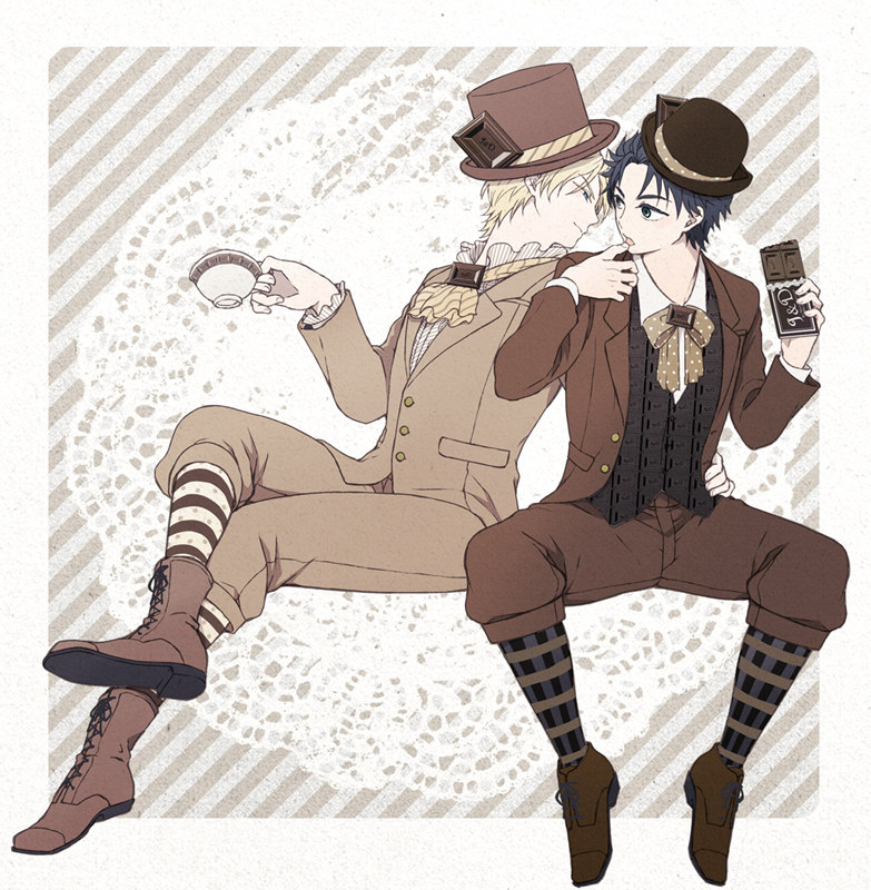2boys, blonde_hair, blue_hair, boots, brown_footwear, candy_bar, chocolate, chocolate_bar, cravat, cross-laced_footwear, cup, dio_brando, doily, finger_licking, formal, hat, jojo_no_kimyou_na_bouken, jonathan_joestar, kochi_(tinga), legs_crossed, licking, looking_at_another, male_focus, multiple_boys, phantom_blood, sitting, suit, teacup, top_hat