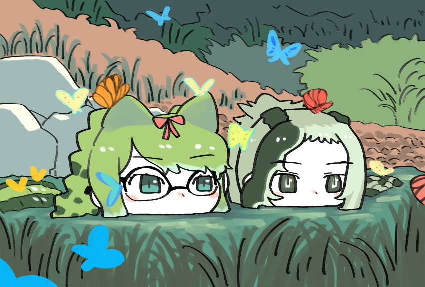 2girls, bangs, bug, butterfly, crocodile_tail, day, eyebrows_visible_through_hair, face