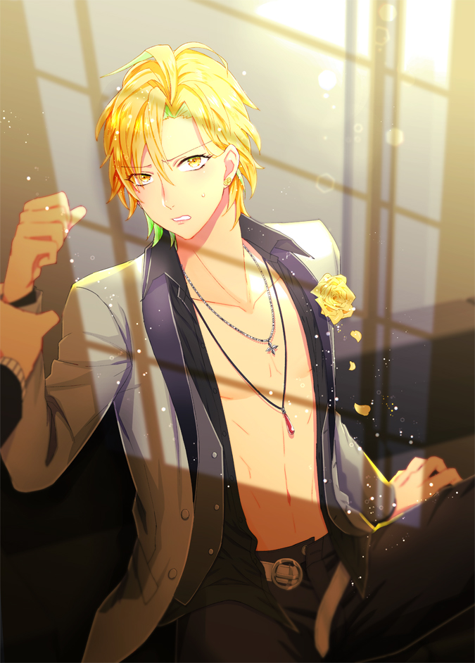 1boy, belt, blonde_hair, cross, cross_necklace, flower, formal, hypnosis_mic, izanami_hifumi, jewelry, kochi_(tinga), lips, looking_at_viewer, male_focus, multiple_boys, navel, necklace, open_clothes, open_shirt, out_of_frame, pov, rose, solo_focus, suit, sweatdrop, yellow_flower, yellow_rose