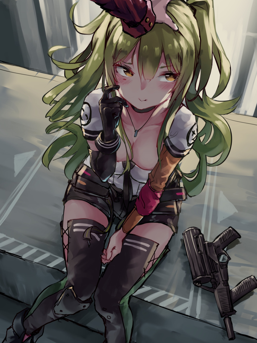 1girl, aamond, absurdres, bangs, between_legs, black_gloves, blush, breasts, calico_m950, eyebrows_visible_through_hair, girls_frontline, gloves, green_hair, gun, hair_between_eyes, hand_between_legs, handgun, highres, holding, long_hair, looking_at_viewer, m950a_(girls_frontline), medium_breasts, messy_hair, petting, scratching_cheek, shirt, sidelocks, skirt, smile, submachine_gun, thigh-highs, twintails, two_side_up, weapon, yellow_eyes
