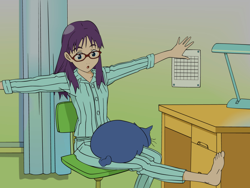 calendar_(object), cat, chair, curtains, desk, feet, flcl, glasses