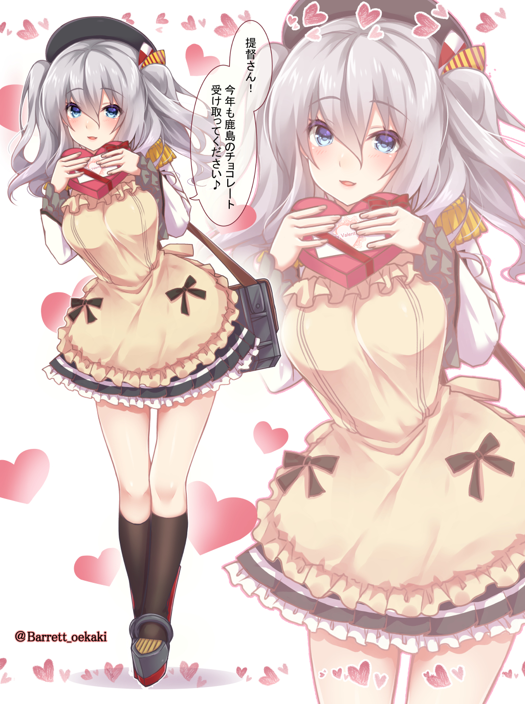 1girl, apron, bag, baretto_(firearms_1), beret, black_hat, black_legwear, black_skirt