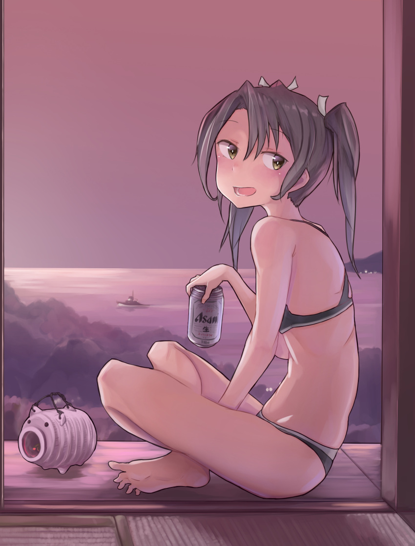 1girl, asahi_breweries, barefoot, beer_can, boat, bra, can, commentary_request