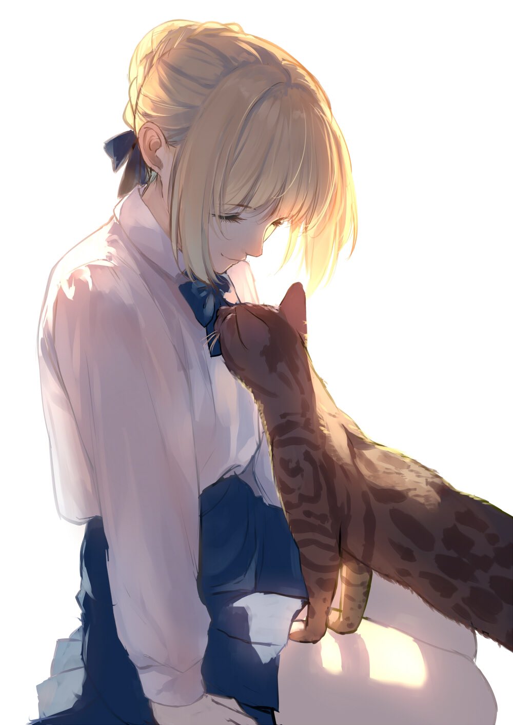 1girl, animal, arm_at_side, arm_support, artoria_pendragon_(all), backlighting, bangs, blonde_hair