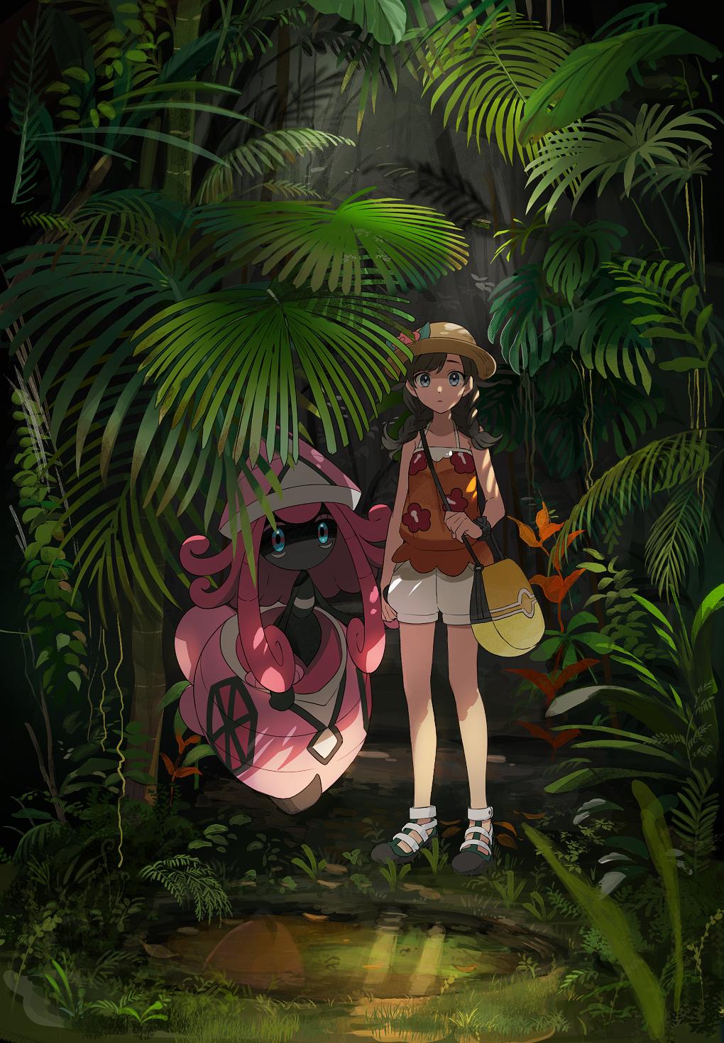 1girl, bag, blue_eyes, braid, brown_hair, creatures_(company), forest, game_freak