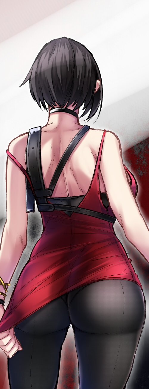 1girl, ada_wong, ass, back, bare_shoulders, black_hair, black_legwear, bracelet