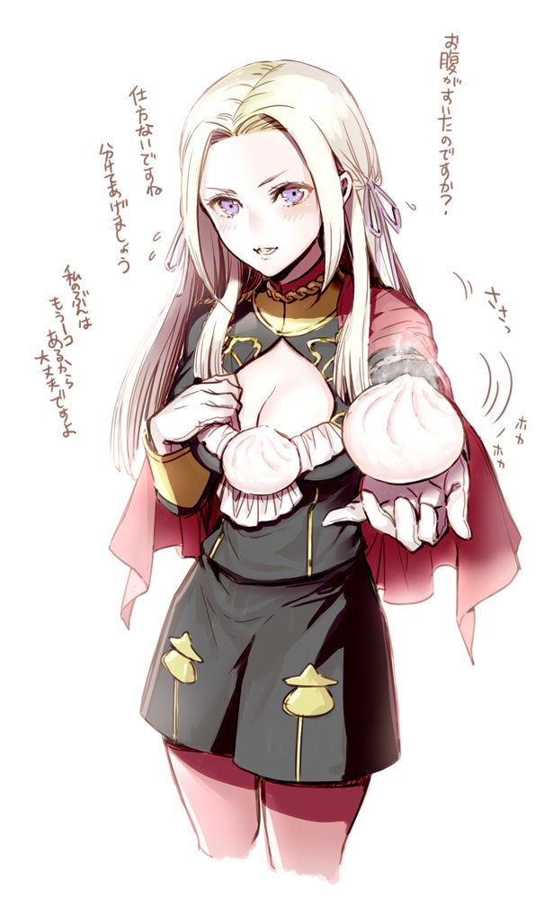 1girl, baozi, blonde_hair, blue_eyes, blush, breasts, cape, cravat