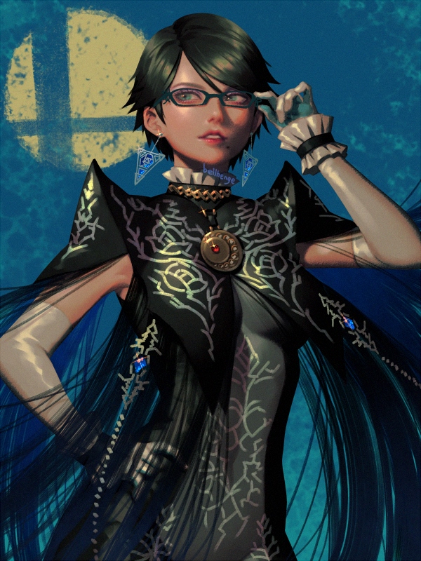 1girl, alternate_hair_length, alternate_hairstyle, amulet, ankle_gun, bayonetta, bayonetta_(character), bayonetta_2