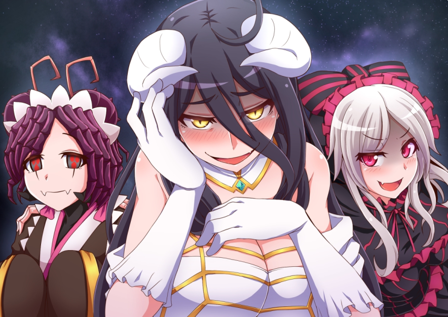 3girls, albedo, antennae, black_dress, black_hair, breasts, cleavage, commentary_request, demon_girl, double_bun, dress, entoma_vasilissa_zeta, eyebrows_visible_through_hair, fangs, frilled_dress, frills, hand_on_own_face, happy, horns, ikue_fuuji, insect_girl, large_breasts, lolita_fashion, long_hair, looking_at_viewer, maid, maid_headdress, monster_girl, multiple_girls, overlord_(maruyama), red_eyes, shalltear_bloodfallen, silver_hair, slit_pupils, smile, succubus, vampire, white_horns, yellow_eyes
