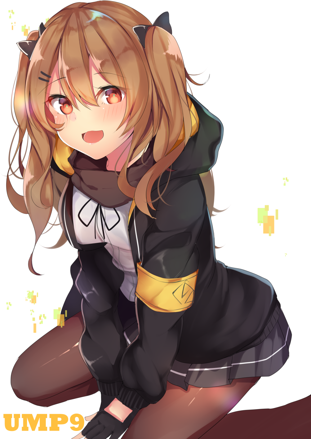1girl, :d, ashino, between_legs, black_bow, black_gloves, black_jacket, black_skirt