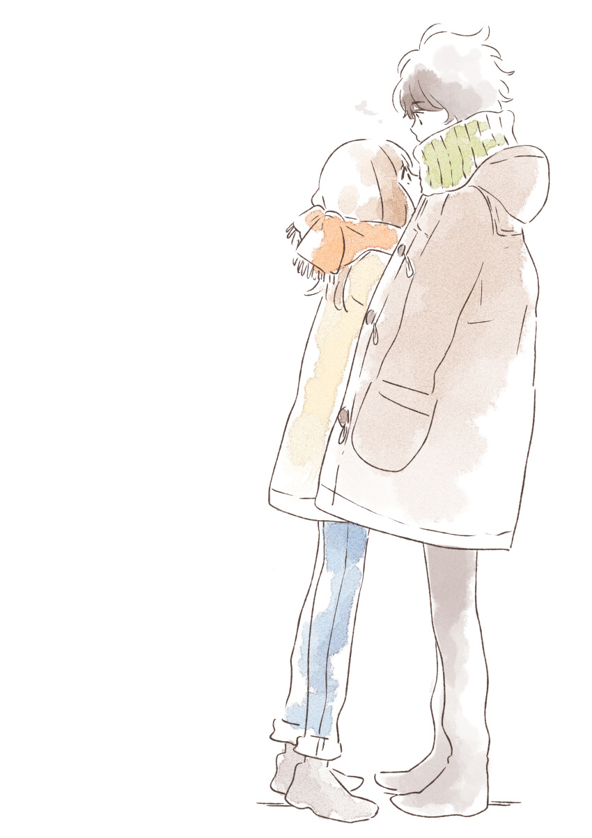 1boy, 1girl, absurdres, arms_at_sides, breath, brown_hair, coat, couple