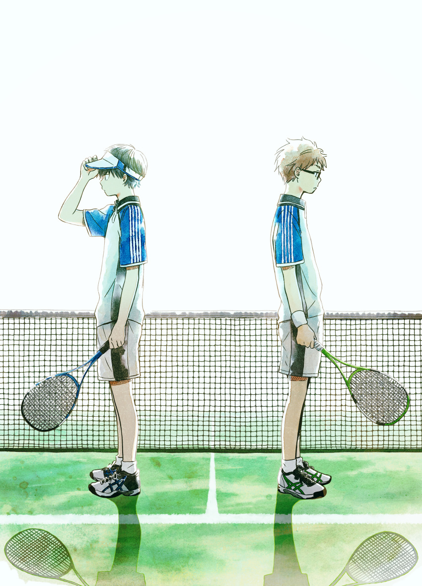 2boys, absurdres, arm_at_side, backlighting, black_hair, closed_mouth, cross-laced_footwear, expressionless, from_side, glasses, hand_on_headwear, hand_up, highres, holding, hoshiai_no_sora, huge_filesize, itunohika, katsuragi_maki, light_brown_hair, looking_away, male_focus, multiple_boys, outdoors, profile, racket, shadow, shinjou_touma, shirt, shoelaces, shoes, short_sleeves, shorts, sneakers, socks, sportswear, standing, sweatband, tareme, tennis_court, tennis_net, tennis_racket, tennis_uniform, visor_cap, wristband