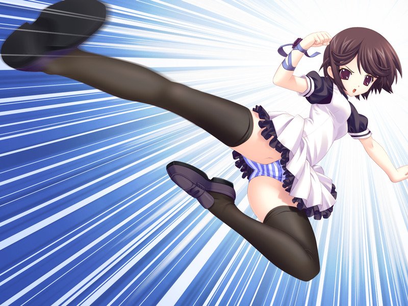 chuujou_kuroe, flying_kick, game_cg, kick, kicking, kurosaki, panties, pantyshot