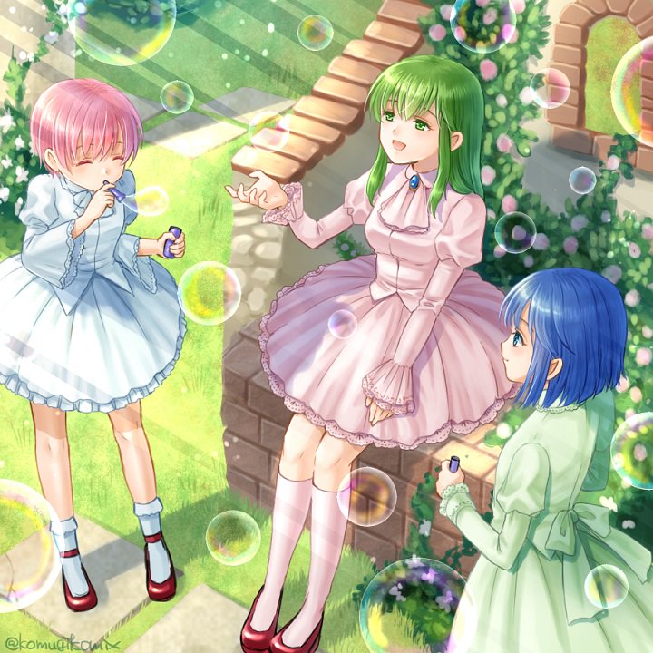 3girls, blue_eyes, blue_hair, brooch, bubble, bubble_blowing, child, closed_eyes
