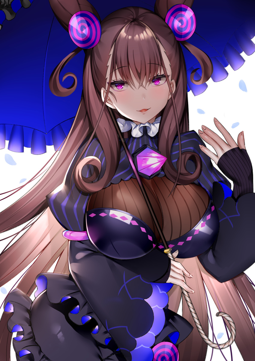 1girl, aozora_nan, bangs, black_dress, blue_umbrella, blush, brown_hair, commentary_request