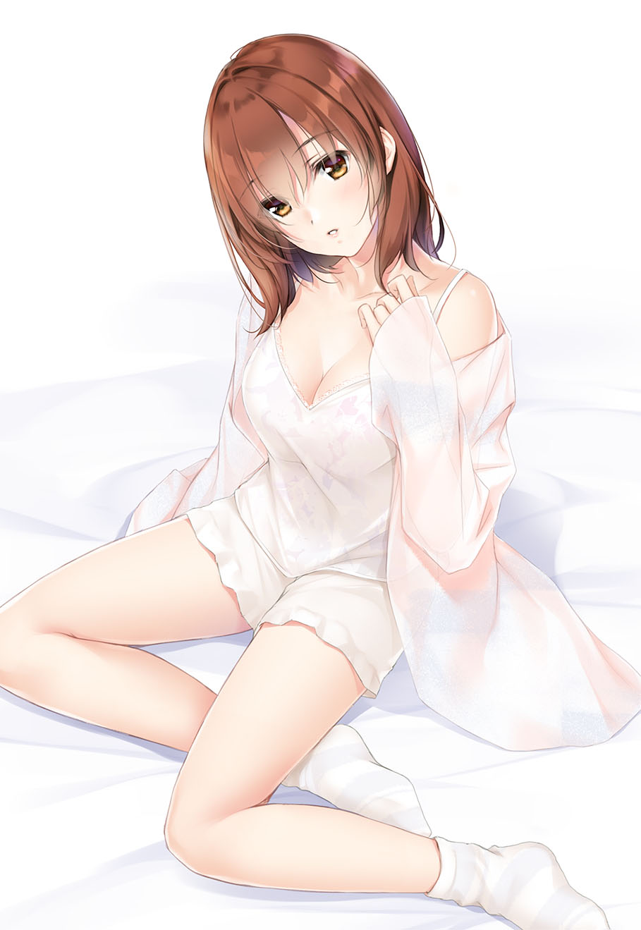 1girl, arm_at_side, bangs, bed_sheet, blush, breasts, brown_eyes, brown_hair