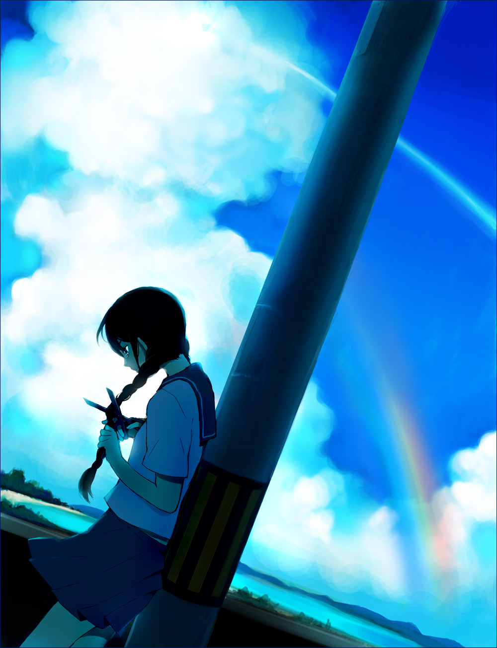 black_hair, blue, braid, cutting_hair, heartbreak_haircut, highres, original, rainbow