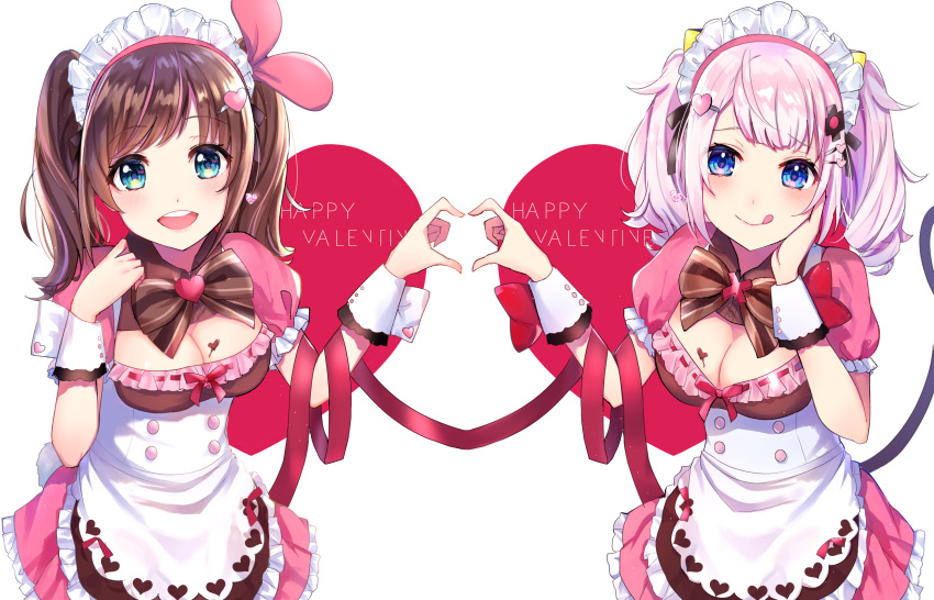 2girls, :d, :q, a.i._channel, alternate_costume, apron, bangs, blue_eyes