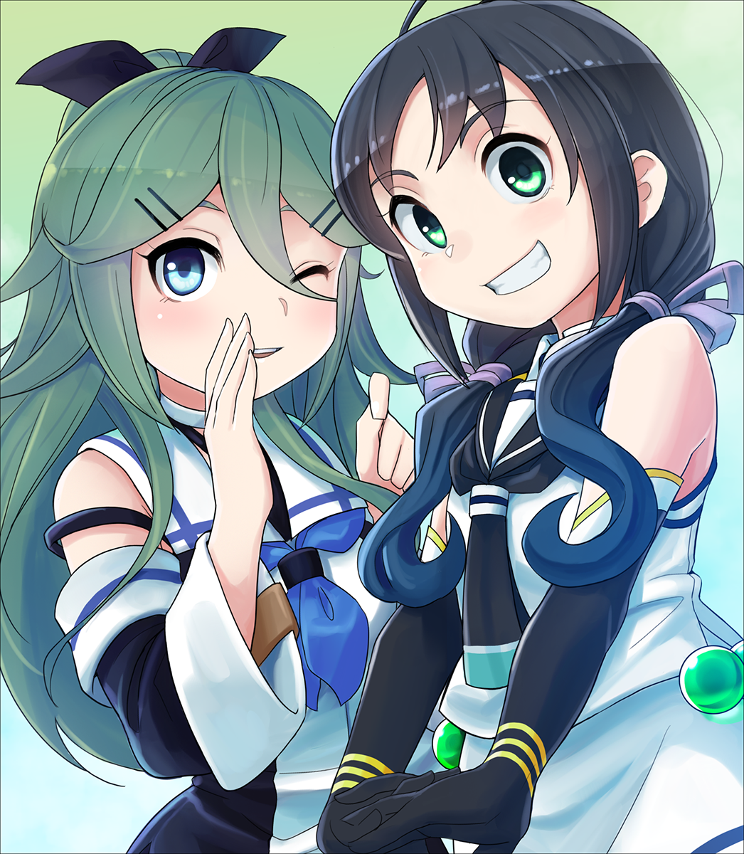 2girls, black_blouse, black_gloves, black_neckwear, black_ribbon, black_serafuku, blouse, blue_hair