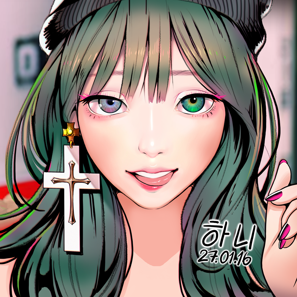 1girl, asian, bangs, black_hat, blurry, blurry_background, chromatic_aberration, commentary