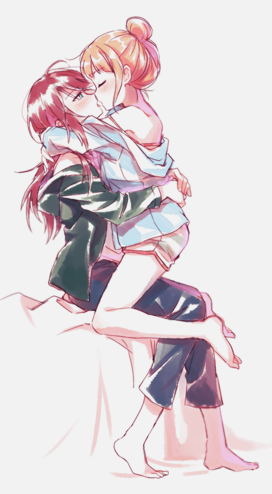 2girls, bang_dream!, bangs, barefoot, black_pants, blue_eyes, blue_shirt, blush