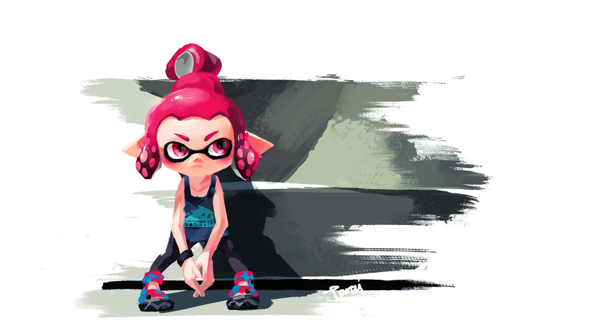 1girl, bare_arms, bare_shoulders, black_pants, blue_shirt, closed_mouth, domino_mask, frown