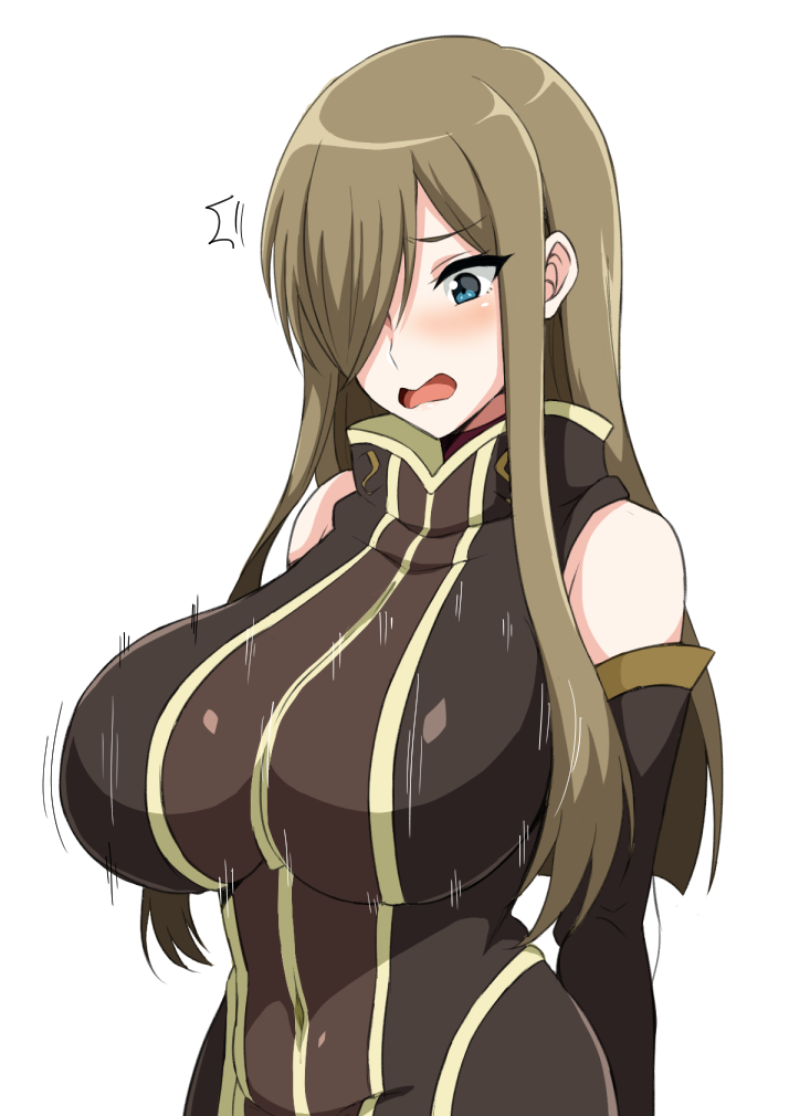 1girl, arms_behind_back, bare_shoulders, black_dress, blue_eyes, blush, bouncing_breasts, breasts