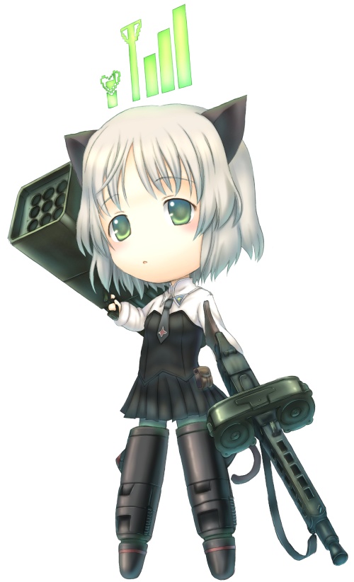 cellphone_radio_bar, chibi, drum_magazine, dual_drum_magazine, green_eyes, gun, machine_gun, mg42