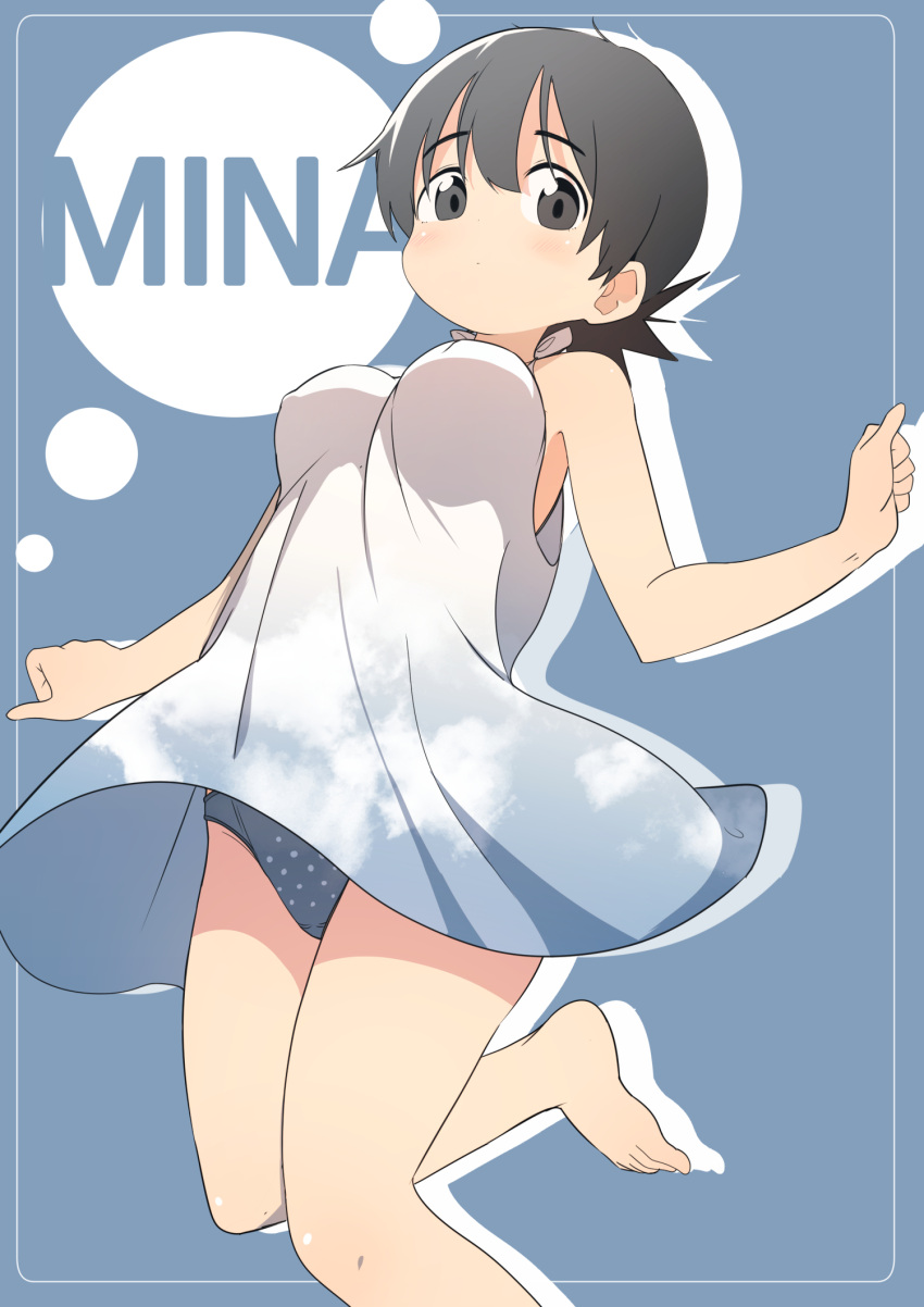 1girl, barefoot, blush, brown_eyes, brown_hair, bural_chingu, character_name, dress