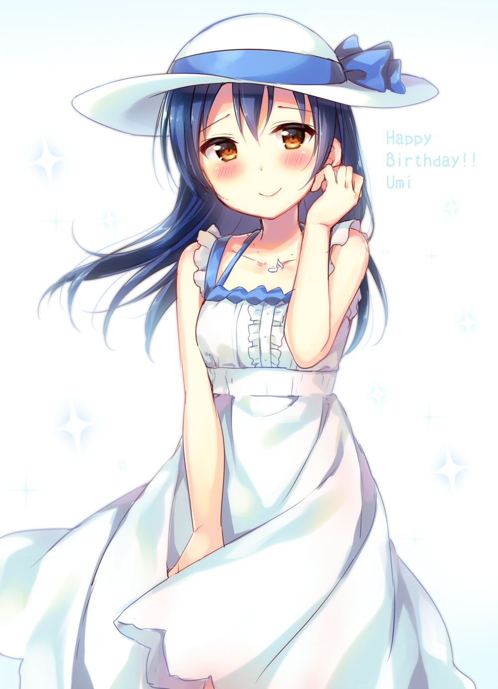 1girl, bangs, blue_hair, blue_ribbon, blush, center_frills, character_name, collarbone