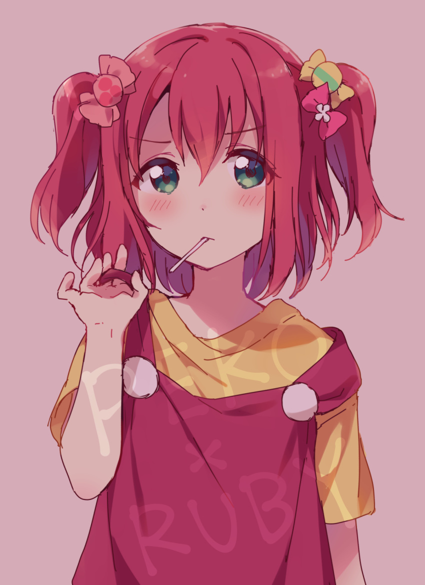 1girl, bangs, blush, bow, candy, candy_hair_ornament, character_name, food