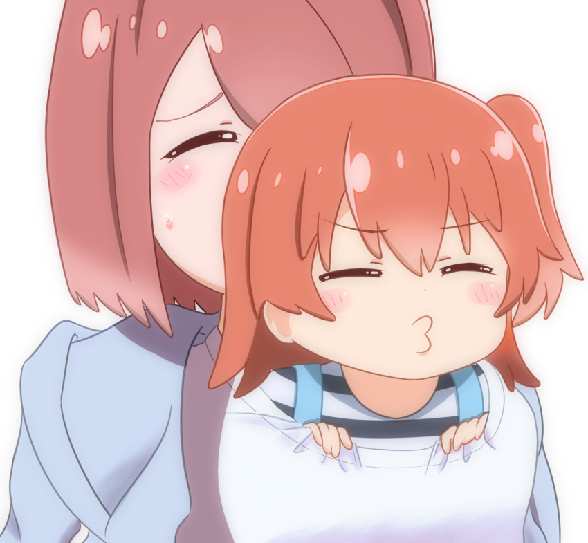blush, brown_hair, closed_eyes, commentary_request, hair_over_one_eye, highres, hoshino_hinata, hoshino_miyako_(wataten)