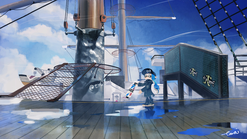 1girl, baseball_cap, black_hat, black_pants, blue_hair, blue_sky, closed_umbrella, clouds