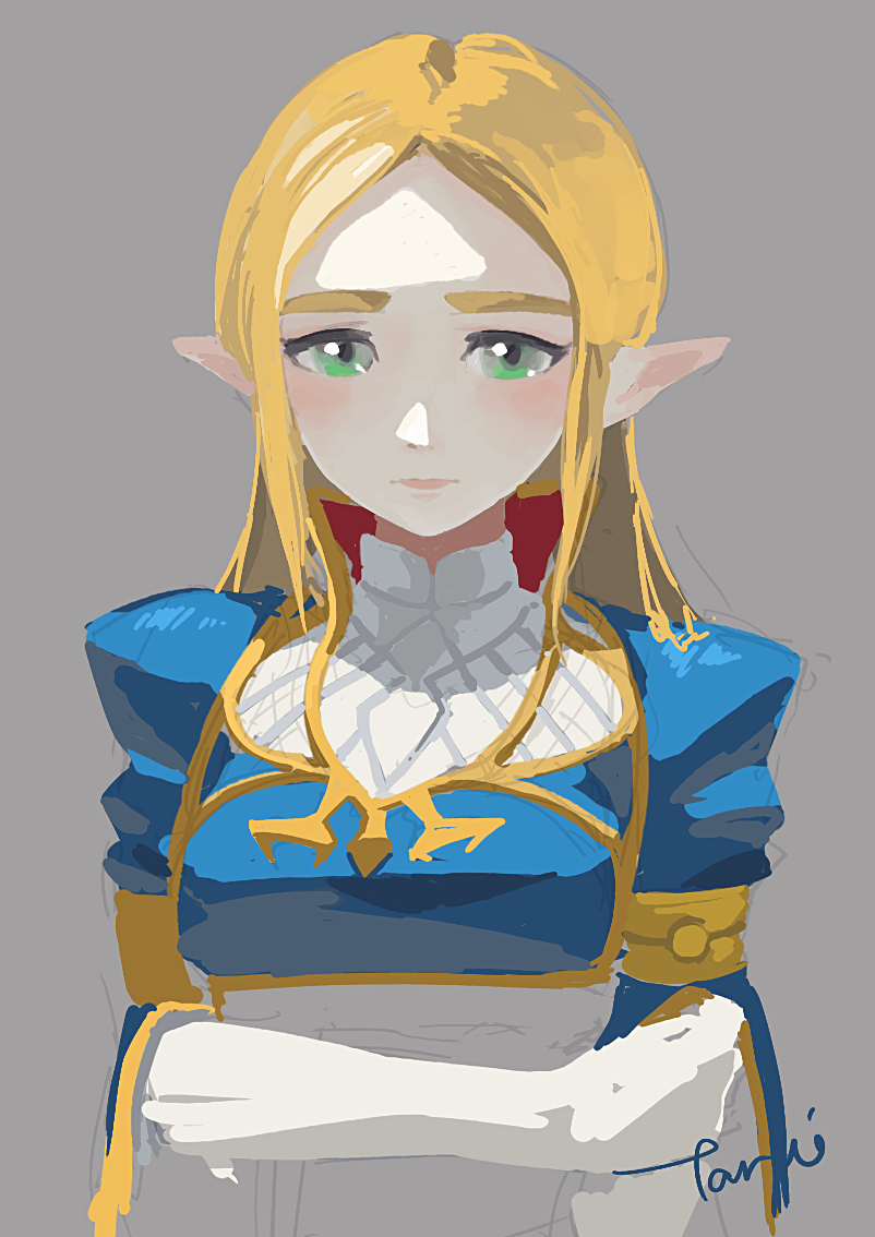 1girl, bangs, blonde_hair, green_eyes, grey_background, long_hair, looking_at_viewer, nintendo, open_mouth, parted_bangs, pointy_ears, princess, princess_zelda, signature, solo, straight_hair, tarai_(silica5), the_legend_of_zelda, the_legend_of_zelda:_breath_of_the_wild, thick_eyebrows, turtleneck, upper_body