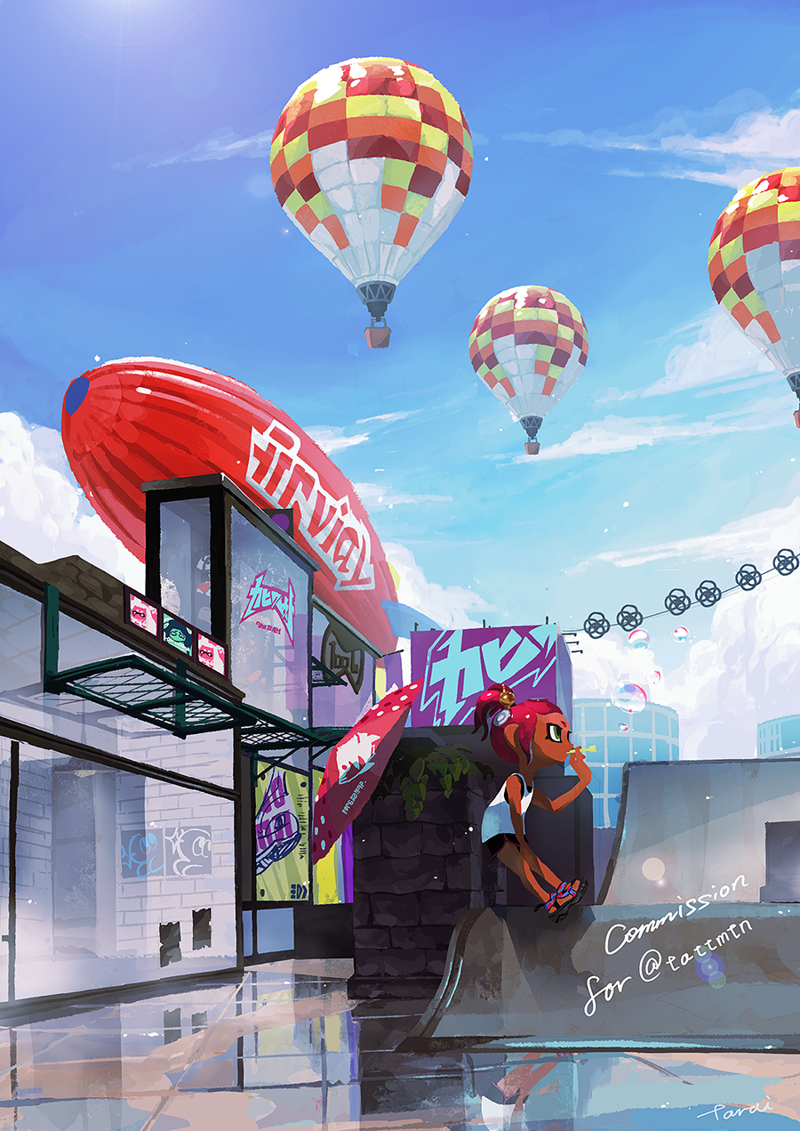 1girl, aircraft, black_shorts, blimp, blue_sky, bubble, bubble_blowing, building