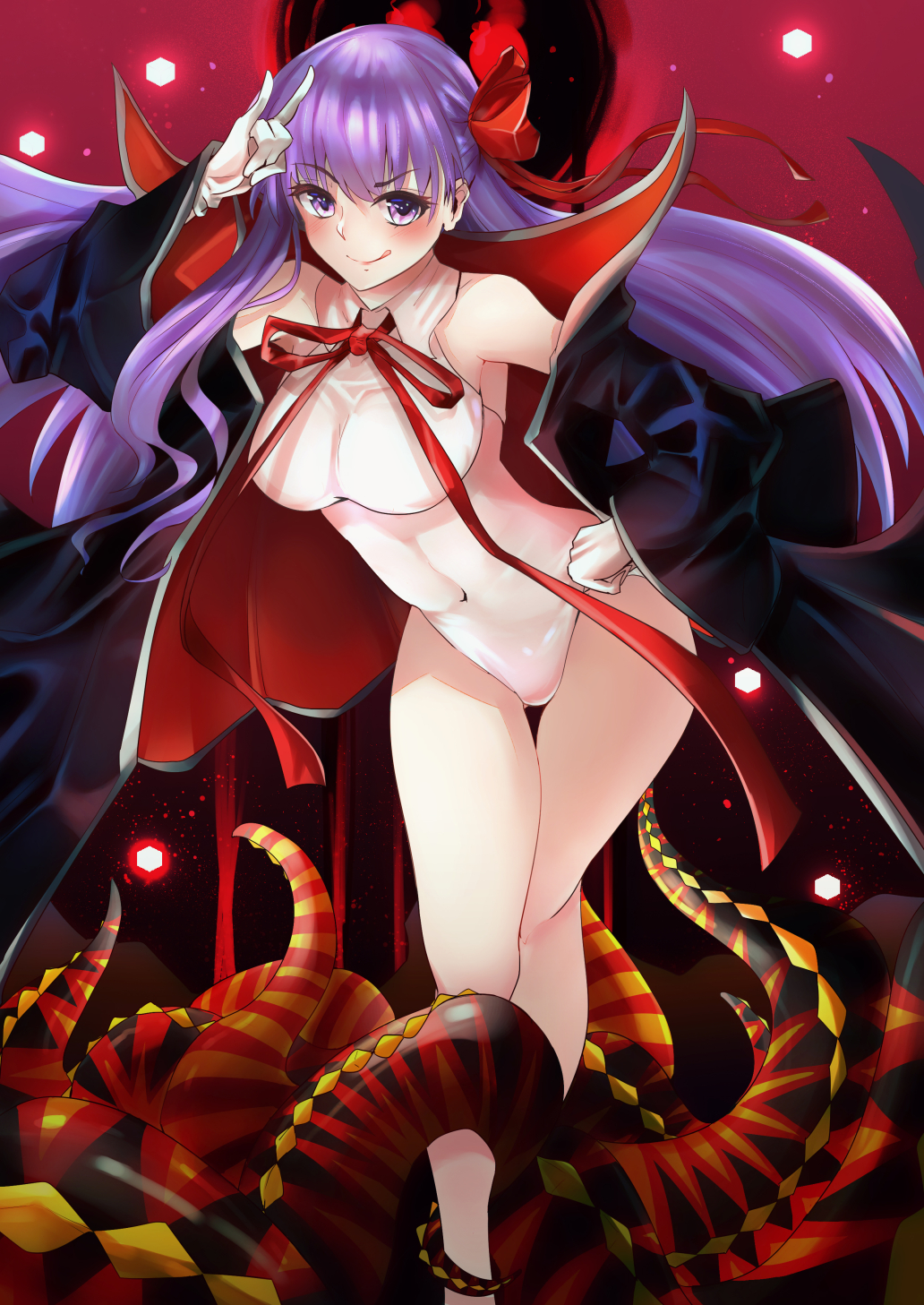 1girl, bb_(fate)_(all), bb_(swimsuit_mooncancer)_(fate), black_coat, breasts, covered_navel, eyebrows_visible_through_hair, fate/grand_order