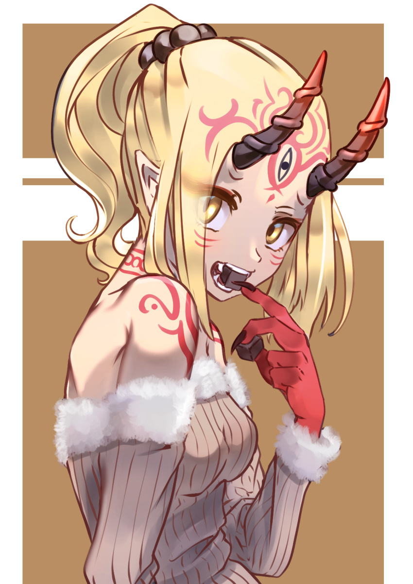 1girl, alternate_costume, bare_shoulders, black_nails, blonde_hair, breasts, brown_background, brown_sweater, chocolate, commentary_request, eating, facial_mark, fangs, fate/grand_order, fate_(series), fingernails, food, forehead_mark, from_side, fur-trimmed_sleeves, fur-trimmed_sweater, fur_trim, highres, holding, holding_food, ibaraki_douji_(fate/grand_order), long_fingernails, long_hair, long_sleeves, looking_at_viewer, looking_to_the_side, nail_polish, nakasaku-p, off-shoulder_sweater, oni_horns, pointy_ears, ponytail, red_skin, sharp_fingernails, shoulder_tattoo, small_breasts, solo, sweater, tattoo, teeth, two-tone_background, upper_body, upper_teeth, whisker_markings, white_background, yellow_eyes