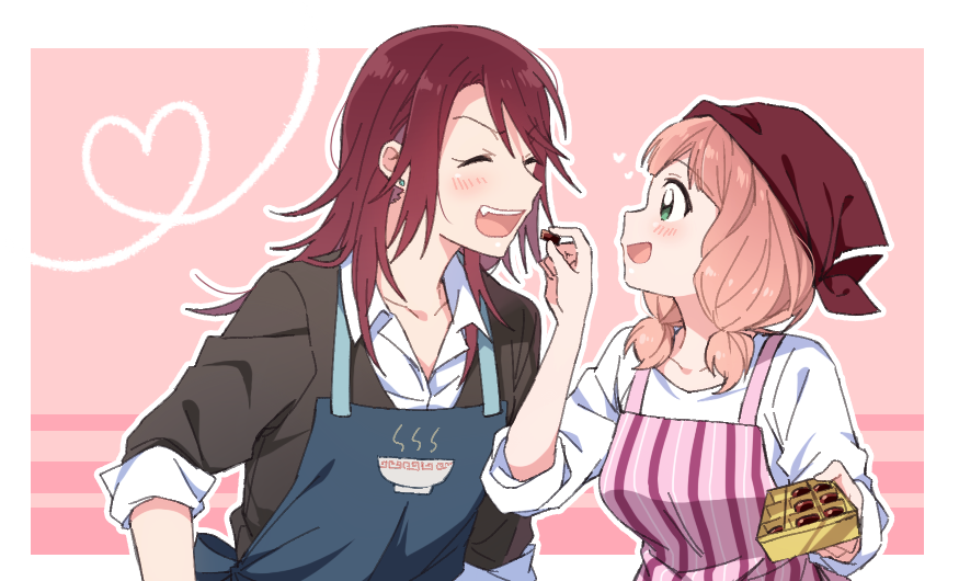 2girls, :d, ^_^, apron, bang_dream!, black_shirt, blue_apron, box_of_chocolates