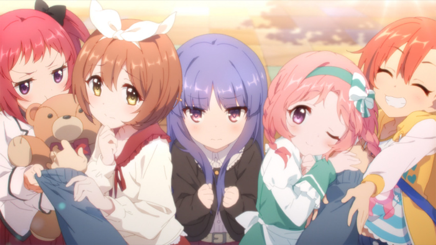 5girls, akane_mimi, belt, blush, braid, brown_hair, casual, closed_eyes