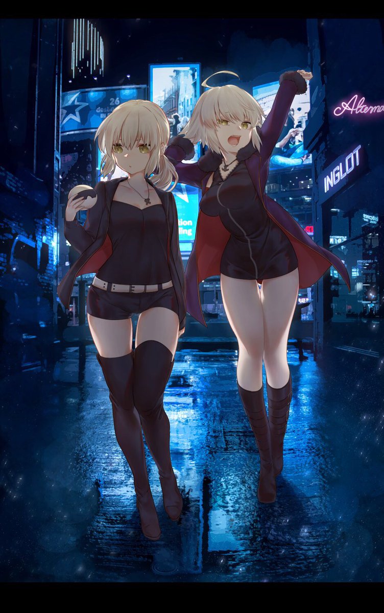 2girls, arm_up, artoria_pendragon_(all), bangs, belt, belt_buckle, black_dress, black_footwear