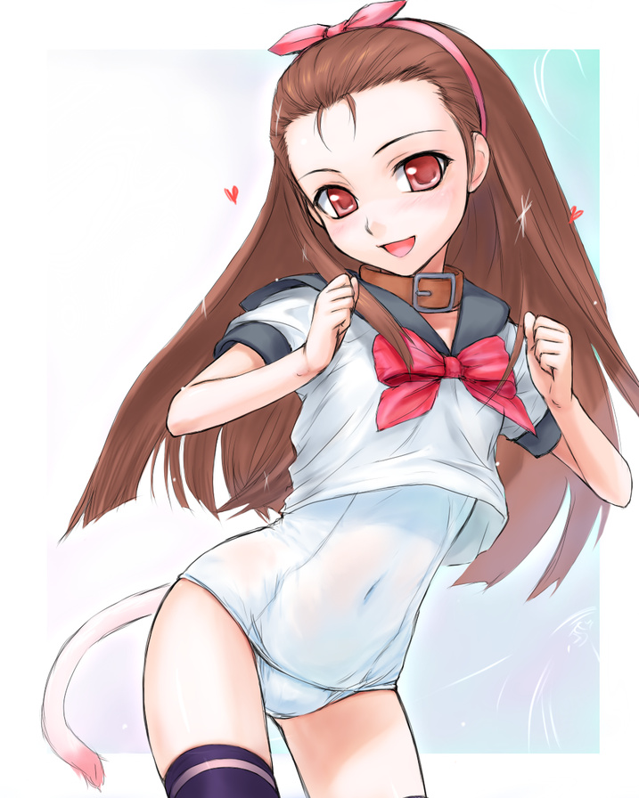 blush, bow, brown_hair, collar, idolmaster, long_hair, minase_iori, no_pants