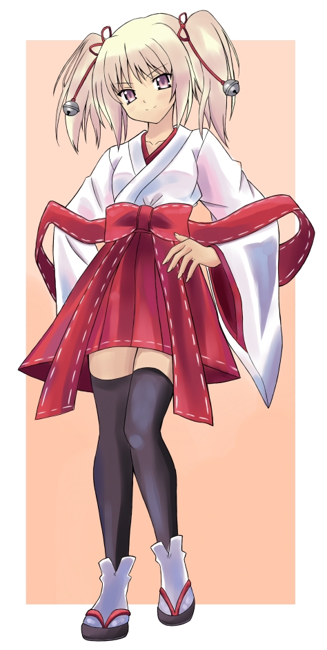 bad_id, japanese_clothes, miko, night_wizard, pearl_cool, puranaria, simple_background, thigh-highs