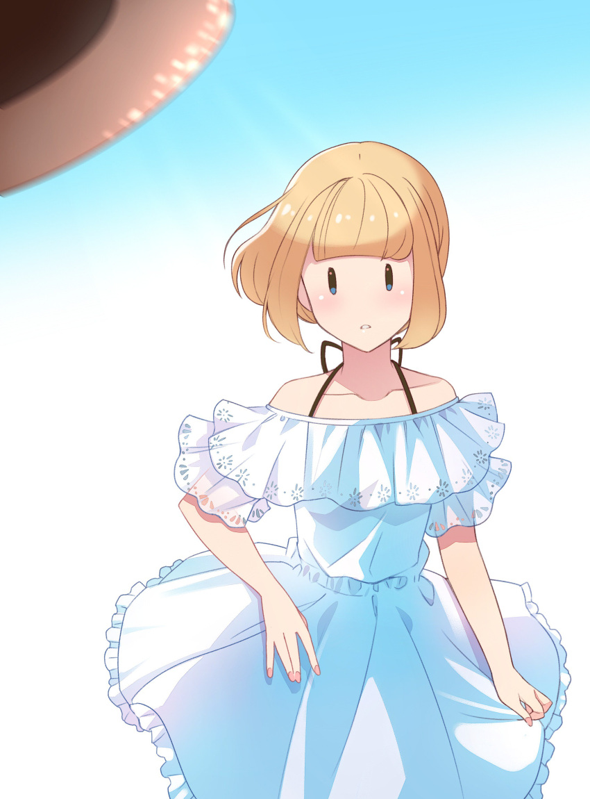 1girl, absurdres, blonde_hair, blouse, blush, casual, collarbone, dress, floating_hair, hakka0320, hat, hat_removed, headwear_removed, highres, off-shoulder_dress, off_shoulder, parted_lips, short_hair, sun_hat, uchi_emiri, watashi_ga_motenai_no_wa_dou_kangaetemo_omaera_ga_warui!, |_|