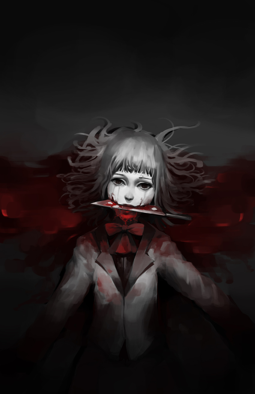 1girl, blood, bloody_knife, corpse, formal, from_above, grey_hair, grey_suit