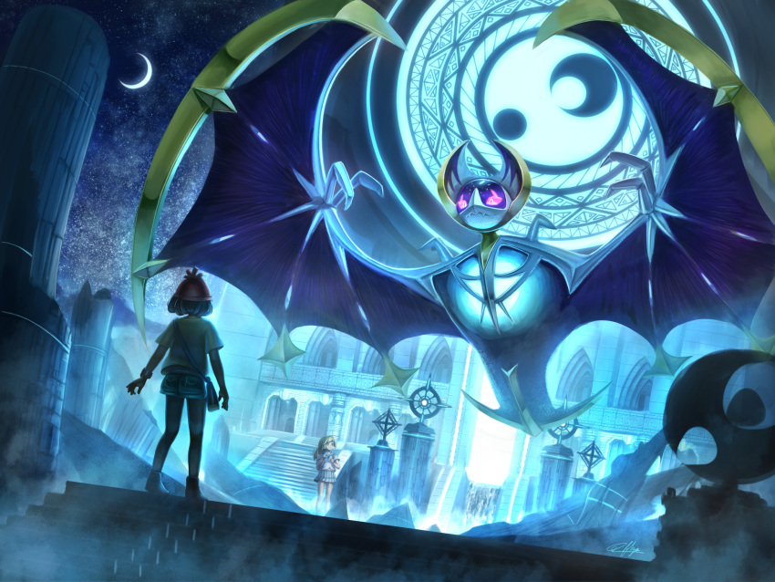 2girls, bag, beanie, black_hair, blonde_hair, creatures_(company), crescent_moon, flyaspring4, from_behind, game_freak, gen_7_pokemon, green_eyes, green_shorts, handbag, hat, highres, lillie_(pokemon), lunala, mizuki_(pokemon), moon, multiple_girls, night, night_sky, nintendo, outdoors, pokemon, pokemon_(creature), pokemon_(game), pokemon_sm, ponytail, red_hat, shirt, short_hair, short_sleeves, shorts, skirt, sky, stairs, standing, star_(sky), white_shirt, white_skirt, z-ring