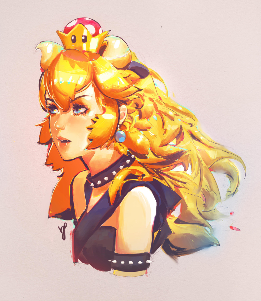 1girl, absurdres, asevc, black_choker, blonde_hair, blue_eyes, bowsette, choker, highres, horns, lips, super_mario_bros., new_super_mario_bros._u_deluxe, nintendo, solo, spiked_armlet, spiked_choker, spikes, super_crown