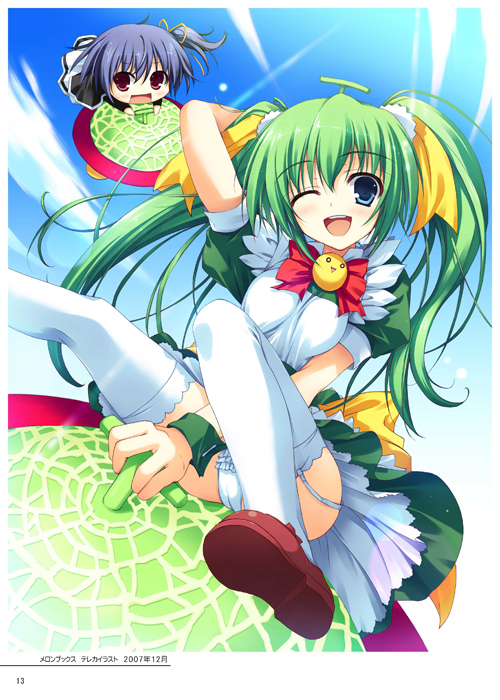 black_lemon-chan, blue_eyes, blue_hair, garter_belt, green_hair, long_hair, maid, melon
