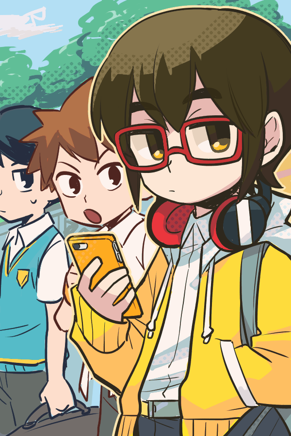 3boys, blue_eyes, blue_sweater_vest, brown_eyes, brown_hair, cellphone, glasses, haku_le