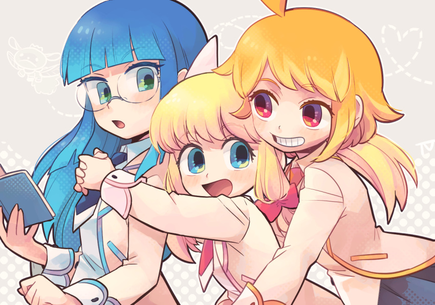 3girls, ahoge, azuchimomoyama_kurumi, bangs, blazer, blonde_hair, blue_eyes, blue_hair